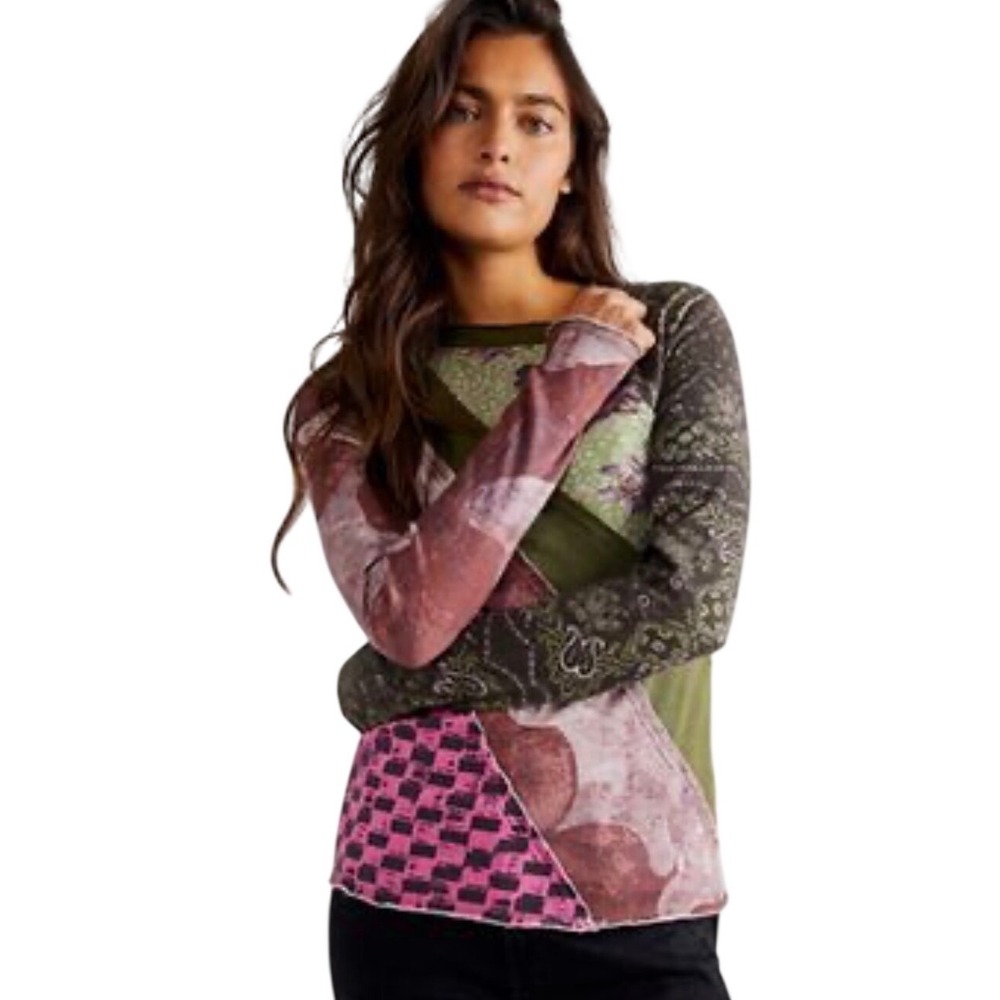 NWT We The Free Free People Patchwork Long Sleeve Tee Shirt Small Purple Green